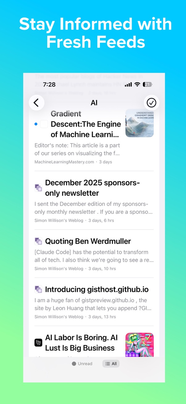 Zephyr RSS Reader - Main feed view
